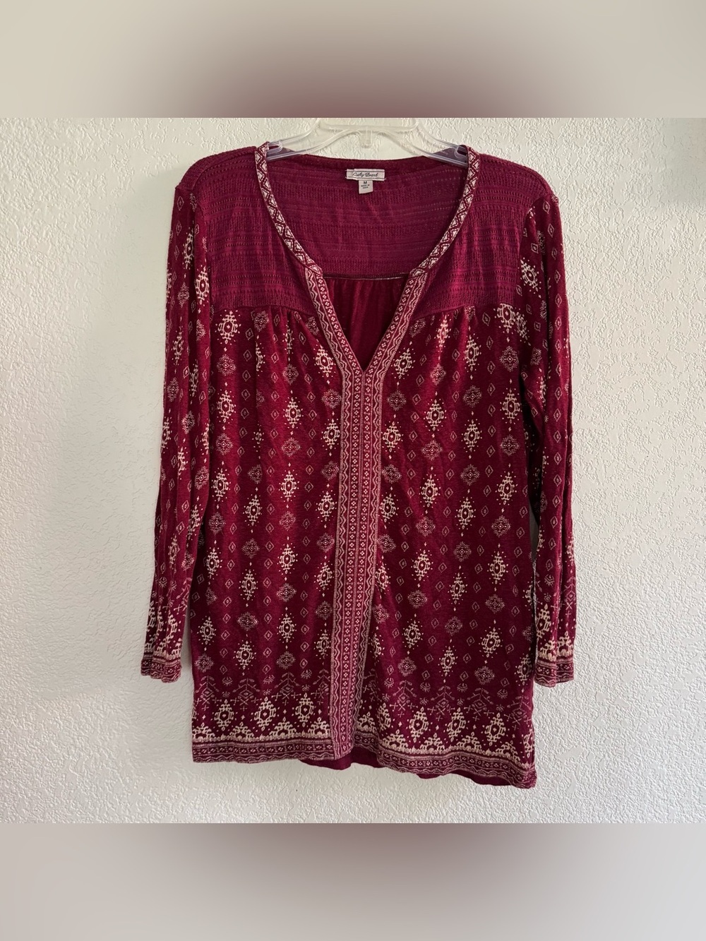Lucky Brand Burgundy Red Bobo Linen Blend Top Long Sleeve Geometric Artsy M